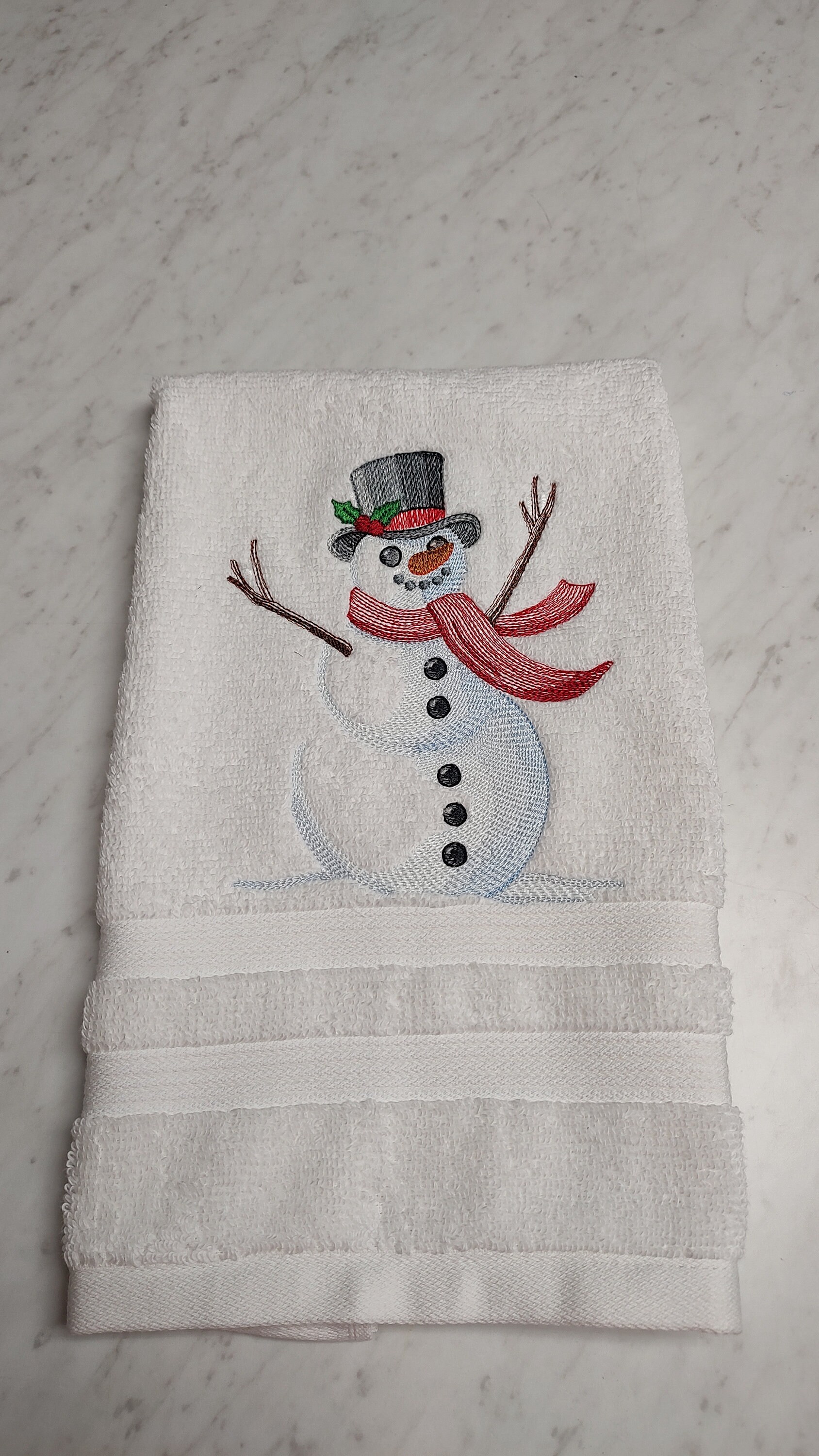 Embroidered White Kitchen Hand Towel and Cloth Christmas Gingerbread Man  Doodle