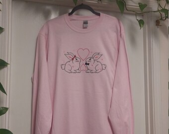 Embroidered Valentine's Day T-Shirt, Valentines Gift, Bunny T-Shirt, Pink T-shirt, Long Sleeve T-Shirt, Large T-Shirt,  - READY TO SHIP