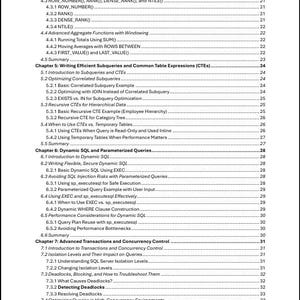 May include: A table of contents page titled Beyond Basic SQL - Advanced Query Strategies for SQL Server, listing chapters 4 through 7 with detailed subheadings and page numbers ranging from 21 to 33, printed in black text on a white background.
