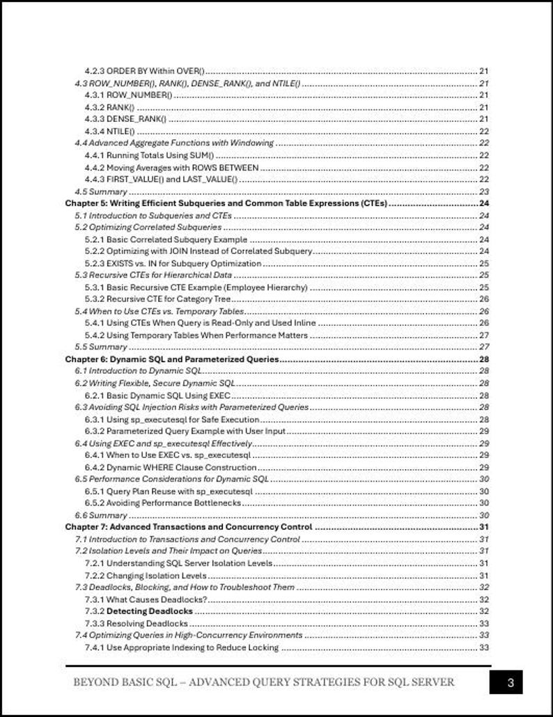 May include: A table of contents page titled Beyond Basic SQL - Advanced Query Strategies for SQL Server, listing chapters 4 through 7 with detailed subheadings and page numbers ranging from 21 to 33, printed in black text on a white background.