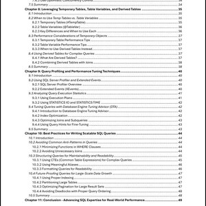 May include: A black and white table of contents page from a technical book titled Beyond Basic SQL - Advanced Query Strategies for SQL Server. The text lists chapters 8 through 11, including subheadings and page numbers ranging from 34 to 49.