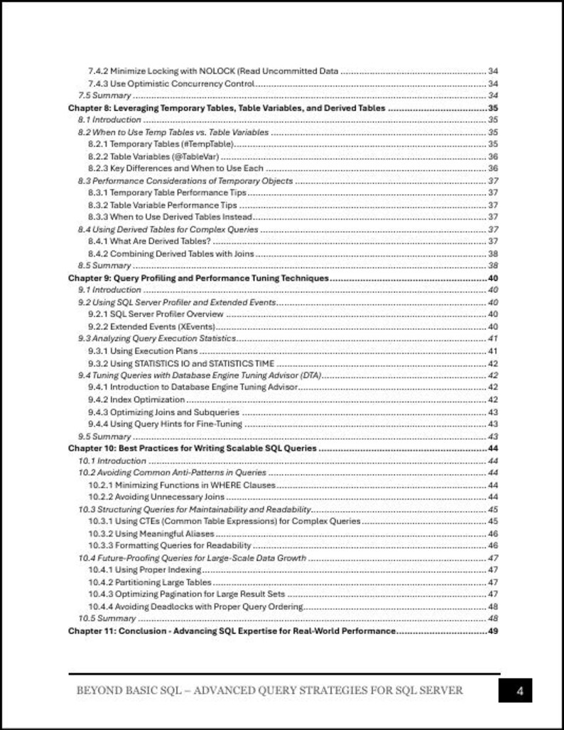 May include: A black and white table of contents page from a technical book titled Beyond Basic SQL - Advanced Query Strategies for SQL Server. The text lists chapters 8 through 11, including subheadings and page numbers ranging from 34 to 49.