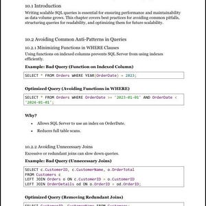 May include: A page from a technical book titled Chapter 10: Best Practices for Writing Scalable SQL Queries. The text discusses optimizing SQL Server queries, including avoiding functions in WHERE clauses and unnecessary joins with code examples.