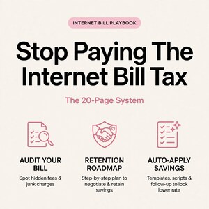 Puede incluir: Un documento digital titulado Internet Bill Playbook: Stop Paying The Internet Bill Tax, The 20-Page System. Incluye tres iconos rosas que representan una auditoría, un apretón de manos para retención y una lista de ahorros.