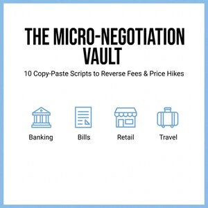 Puede incluir: Un documento digital blanco titulado THE MICRO-NEGOTIATION VAULT: 10 Copy-Paste Scripts to Reverse Fees & Price Hikes. Debajo del texto hay cuatro iconos de color azul claro que representan Banking, Bills, Retail y Travel con etiquetas.