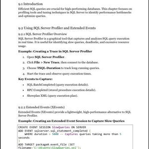 May include: A page titled Chapter 9: Query Profiling and Performance Tuning Techniques from the book Beyond Basic SQL - Advanced Query Strategies for SQL Server. It details SQL Server Profiler, Extended Events, and includes a code snippet.