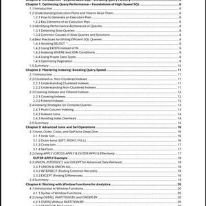 May include: A black and white table of contents page titled Beyond Basic SQL - Advanced Query Strategies for SQL Server, listing four chapters covering query performance, indexing, joins, set operations, and window functions.
