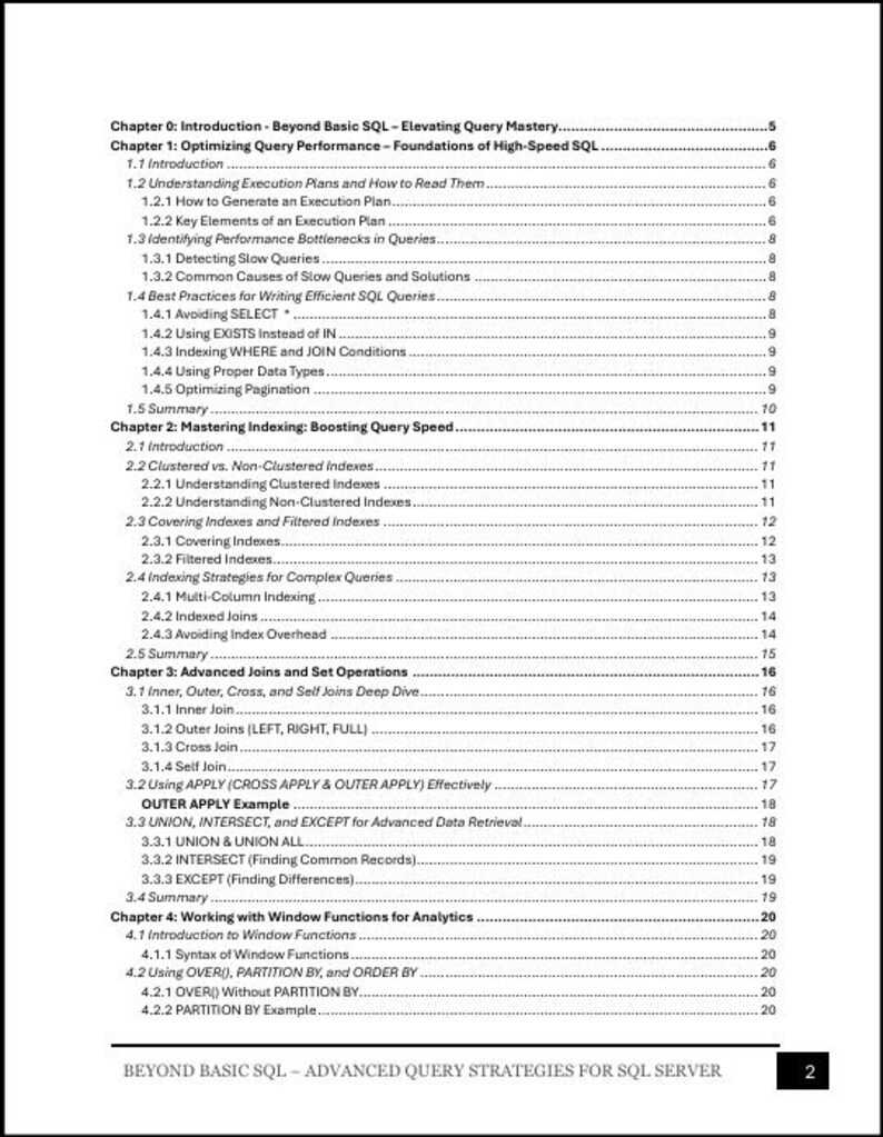 May include: A black and white table of contents page titled Beyond Basic SQL - Advanced Query Strategies for SQL Server, listing four chapters covering query performance, indexing, joins, set operations, and window functions.