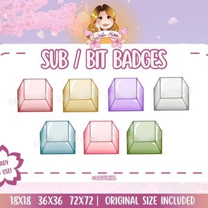 May include: Set of six square Twitch sub and bit badges in various pastel colors, including pink, blue, green, yellow, purple, and white. The badges are ready to use and come in three sizes: 18x18, 36x36, and 72x72 pixels.