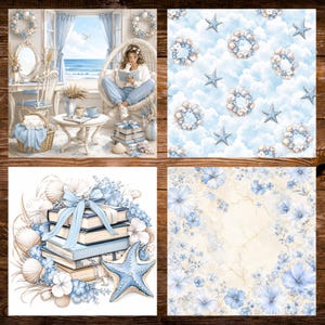 Pu&ograve; includere: Una collezione di arte digitale composta da quattro pannelli a tema costiero. Le immagini mostrano una persona che legge vicino al mare, un motivo di stelle marine e ghirlande di conchiglie su nuvole, libri con un fiocco blu e motivi floreali.