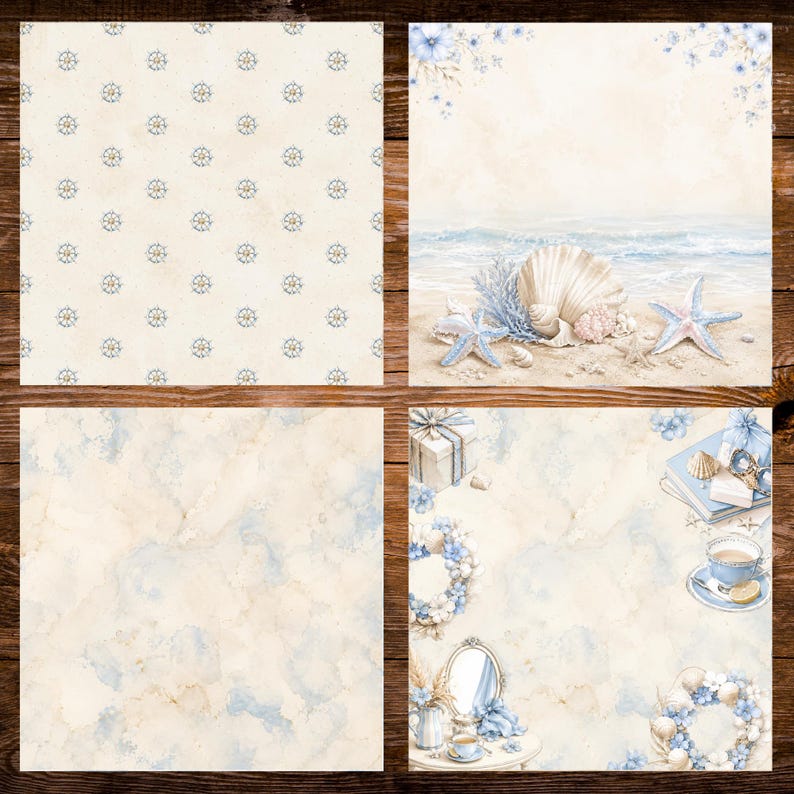 Pu&ograve; includere: Un set di quattro carte digitali quadrate con temi costieri e nautici. I disegni includono un motivo ripetuto di timoni blu, una scena di spiaggia con conchiglie e stelle marine, un acquerello azzurro e un collage di decorazioni marine.