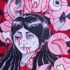 May include: A dark-haired girl with a red dress and a white collar is surrounded by a red and white pattern. The girl's face is covered in blood and she has a bloody eye. The pattern includes a variety of body parts, including an ear, teeth, an eye, a finger, and a tongue.