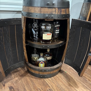 The Speakeasy Whiskey Barrel Cabinet Authentic Upcycled for Medium Bourbon Collection