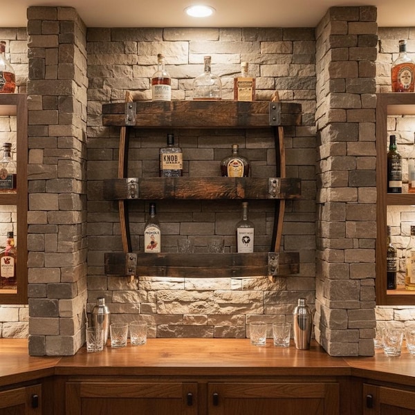 Bottled in Bond Whiskey Barrel Stave Wall Shelf for Large Bourbon Collection