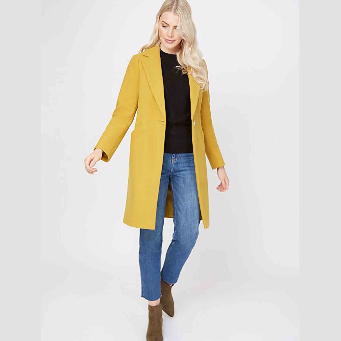 New Mustard Yellow Collared Longline Formal Coat Women For Etsy