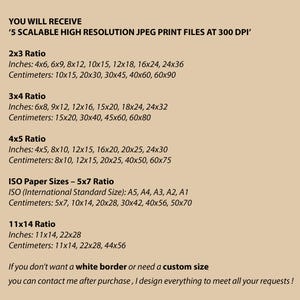 May include: A beige graphic with text detailing print file ratios and sizes in inches and centimeters. Includes 2x3, 3x4, 4x5, ISO 5x7, and 11x14 ratios. The text also mentions receiving 5 scalable high-resolution JPEG print files.