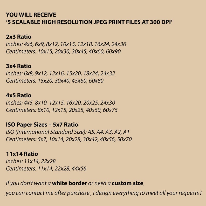 May include: A beige graphic with text detailing print file ratios and sizes in inches and centimeters. Includes 2x3, 3x4, 4x5, ISO 5x7, and 11x14 ratios. The text also mentions receiving 5 scalable high-resolution JPEG print files.
