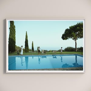 May include: A framed photograph featuring a swimming pool with clear blue water. People and dogs are walking along the edge of the pool. Tall trees and a large tree are in the background under a clear sky.