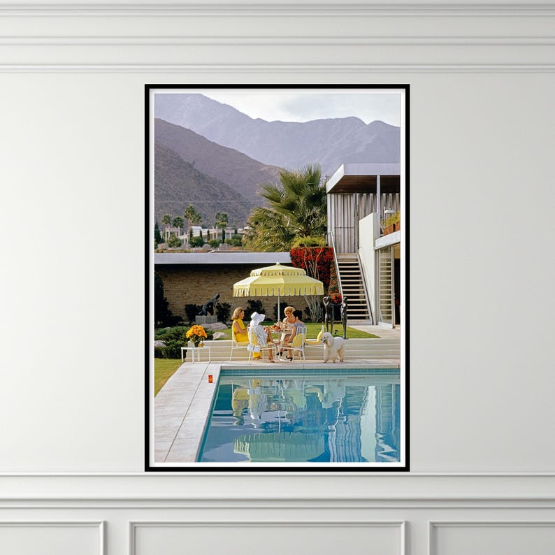 May include: A framed print of a mid-century modern scene. A group of people are gathered around a table under a yellow umbrella near a pool. Mountains and a modern house are in the background. A white dog is nearby.