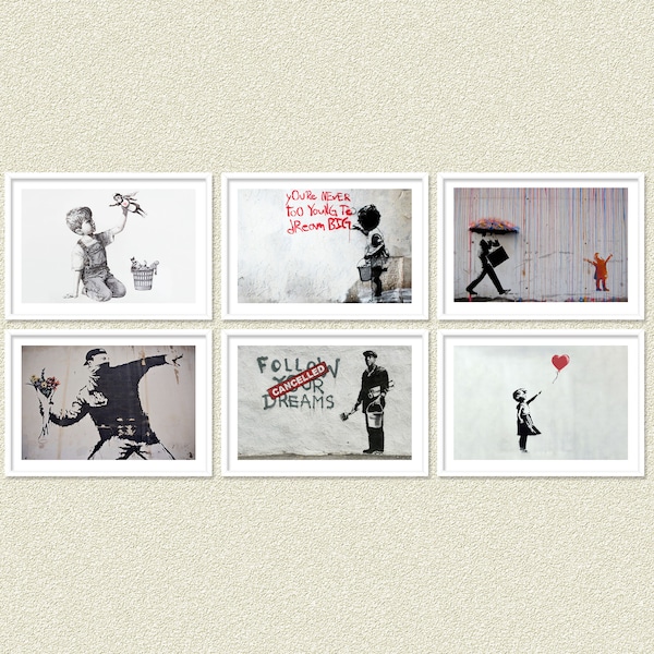 Banksy Digitale Print Set van 6, Afdrukbare Banksy Poster, Banksy Wall Art, Street Art Poster, Graffiti Wall Art, Graffiti Poster