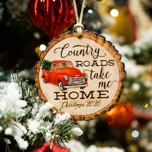 Personalized Christmas Ornament - Log Slice - Country Roads Truck - Birch- Wood - Laser Etched