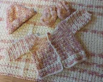 Baby layette, baby sweater set, baby blanket