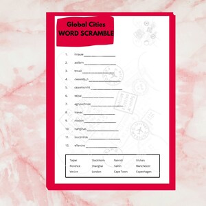 Global Cities Word Scramble. Word Scramble Game. Word Scramble Printable. Travel Party Game. Instant Download