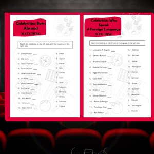 Zestaw 2 gier Celebrities Born Abroad i Speak a Foreign Language Word Match Games. Gra imprezowa Hollywood Celebrity. Do druku. Natychmiastowe pobranie