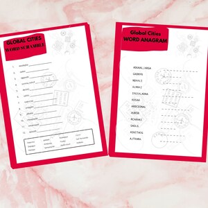 Set of 2 Global Cities Word Games. Word Scramble and Anagram. Travel Party Game. Printable. Instant Download