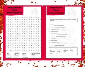 Set of 2 International Films Word Games. Word Search and Word Scramble. Movie Lovers Game.Printable. Instant Download