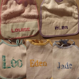 cross stitch embroidered bibs with first names