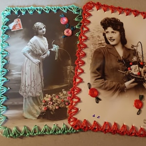 old embroidered postcards, vintage lady postcards