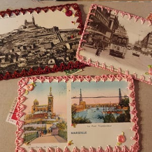 old postcards Marseille, embroidered postcards