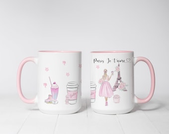 Paris Pink Doll Coffee Mug, Eiffel Tower Mug, 15oz