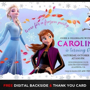 Frozen Birthday Invitation Frozen 2 Theme Invite Birthday Party Girl Princess Elsa Anna Digital Printable Thank You Card Thanks Cards