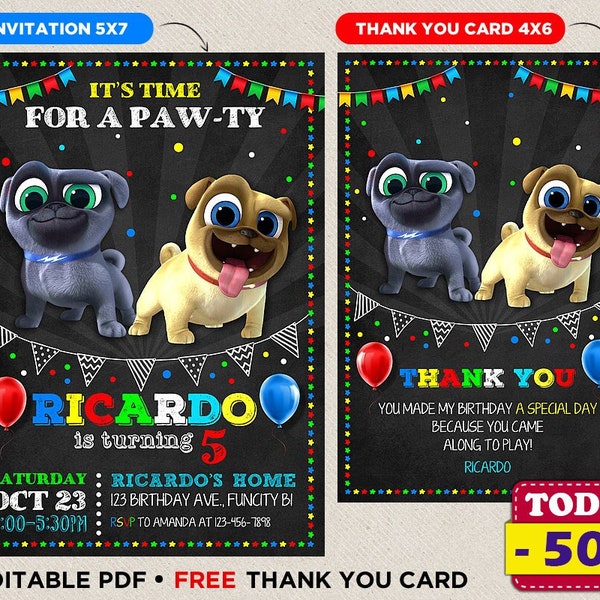 Dog Pals Puppy Birthday Invitation Dog Pals Puppy Party Pugs Invite For Boy Digital Printable Rolly Bingo Puppy Print Invite Dogs Invitation