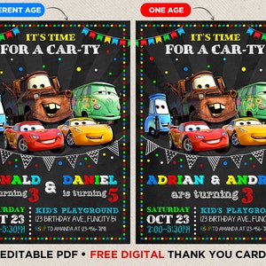 Autos-Geburtstags-Einladung für Zwillinge einladen Geschwister Danke-Karte zwei Kinder-sofort-Download-Double-Party Lightning McQueen Thema Mater