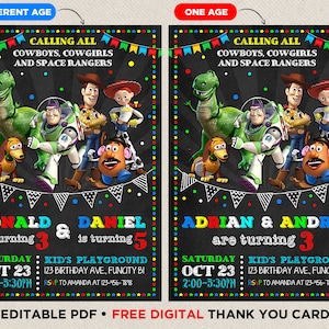 Geschichte Spielzeug doppelte Geburtstagseinladung Einladung Party für zwei Kinder Buzz Lightjahre Woody Zwillinge Geschwister 2 Dankeschön-Karte Jungen druckbare bearbeitbare