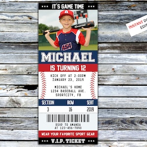 Baseball Ticket Geburtstagseinladung Sport laden Party für Jungen und Mädchen ein Sport Geburtstag Druck Digital bearbeitbare druckbare Karte Canva Vorlage