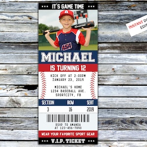 Baseball Ticket Birthday Invitation Sports Invite Party For Boy and Girl Sport Birthday Print Digital Editable Printable Card Canva Template