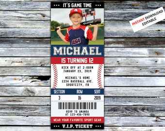 Baseball Ticket Geburtstagseinladung Sport laden Party für Jungen und Mädchen ein Sport Geburtstag Druck Digital bearbeitbare druckbare Karte Canva Vorlage
