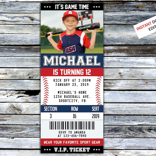 Baseball Ticket Birthday Invitation Sports Invite Party For Boy and Girl Sport Birthday Print Digital Editable Printable Card Canva Template