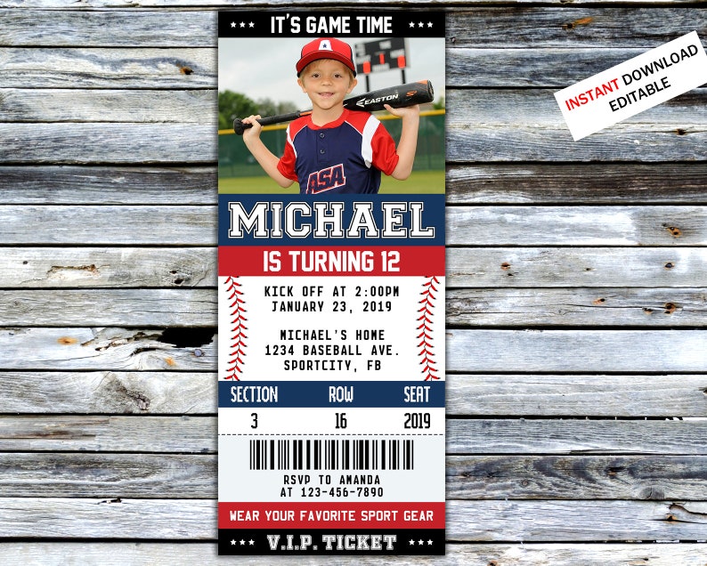 Baseball Ticket Birthday Invitation Sports Invite Party For Boy and Girl Sport Birthday Print Digital Editable Printable Card Canva Template image 1