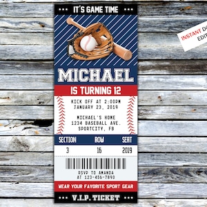 Baseball Ticket Geburtstagseinladung Sport laden Party für Jungen und Mädchen ein Sport Geburtstag Druck Digital bearbeitbare druckbare Karte Canva Vorlage
