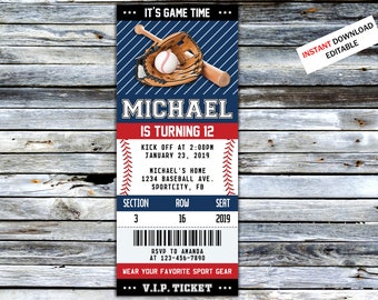 Baseball Ticket Geburtstagseinladung Sport laden Party für Jungen und Mädchen ein Sport Geburtstag Druck Digital bearbeitbare druckbare Karte Canva Vorlage