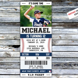Baseball Ticket Geburtstagseinladung Sport laden Party für Jungen und Mädchen ein Sport Geburtstag Druck Digital bearbeitbare druckbare Karte Canva Vorlage
