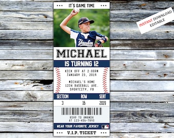Baseball Ticket Birthday Invitation Sports Invite Party For Boy and Girl Sport Birthday Print Digital Editable Printable Card Canva Template