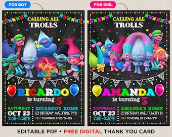 Trolls Birthday Invitation Party Invite for Boy and Girl Thank You Card Digital Printable Dream Works Find Your Trollmate Editable Instant