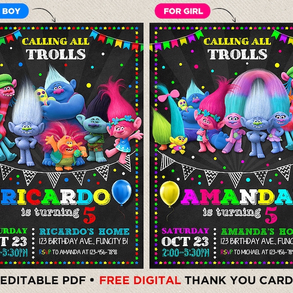 Trolls Birthday Invitation Party Invite for Boy and Girl Thank You Card Digital Printable Dream Works Find Your Trollmate Editable Instant