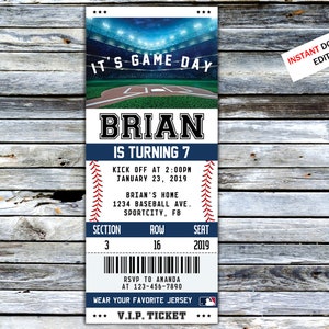 Baseball Ticket Geburtstagseinladung Sport laden Party für Jungen und Mädchen ein Sport Geburtstag Druck Digital bearbeitbare druckbare Karte Canva Vorlage